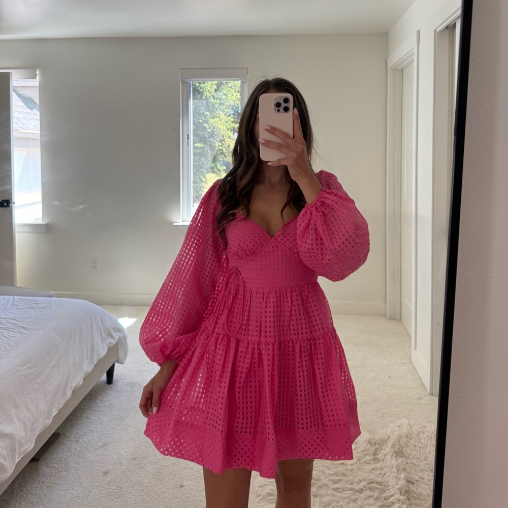 Petal & Pup Hot Pink Puff-Sleeve Tiered Eyelet Dress